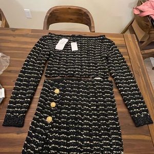 Balmain Off the Shoulder Metallic Tweed Crop Sweater And mini skirt